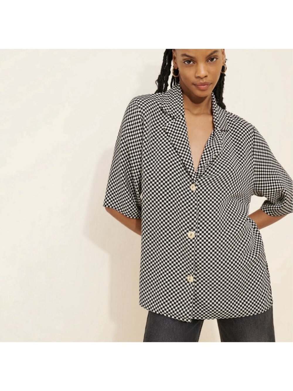 Lisa Says Gah Dane Check Short Sleeve Top Black White Button Down Shirt Sz Small
